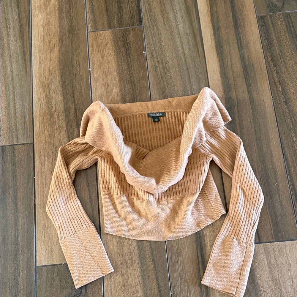 Tan Off-Shoulder Ribbed Knit Sweater